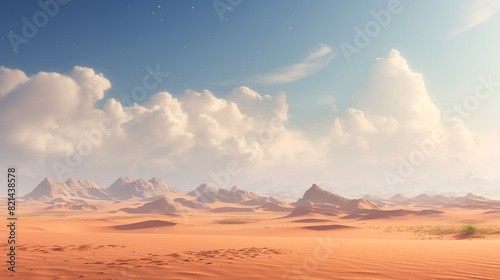 A desert landscape with sand dunes stretching as far as the eye can see.