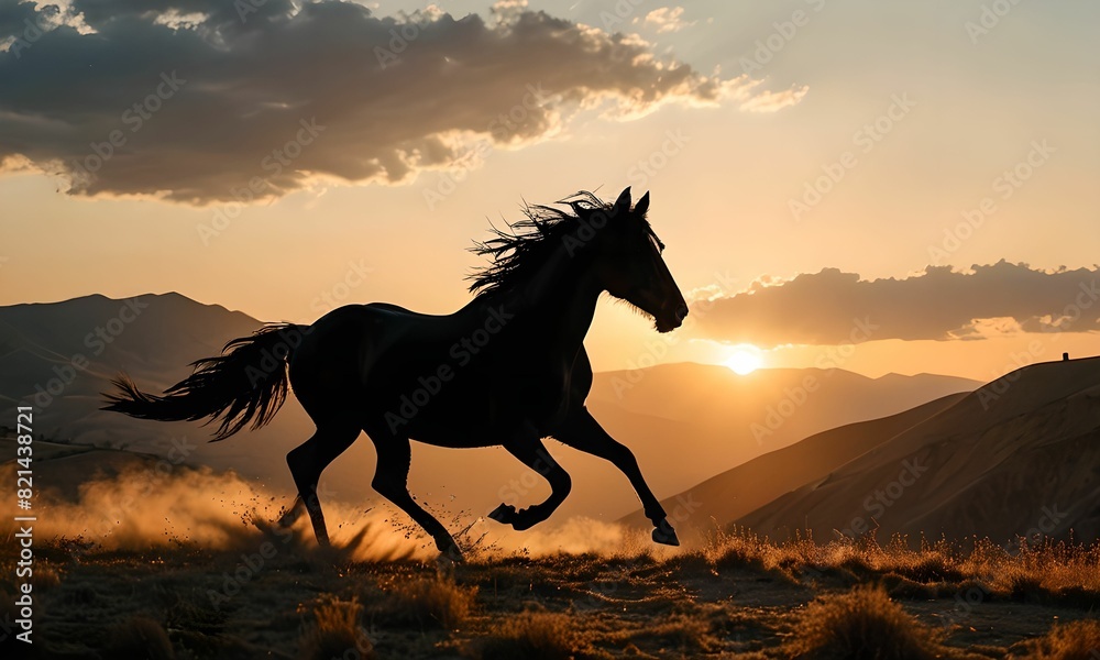 wallpaper representing a black silhouette of a mustang galloping in a meadow, under a sunset wallpaper representing a black silhouette of a mustang galloping in a meadow, under a sunset