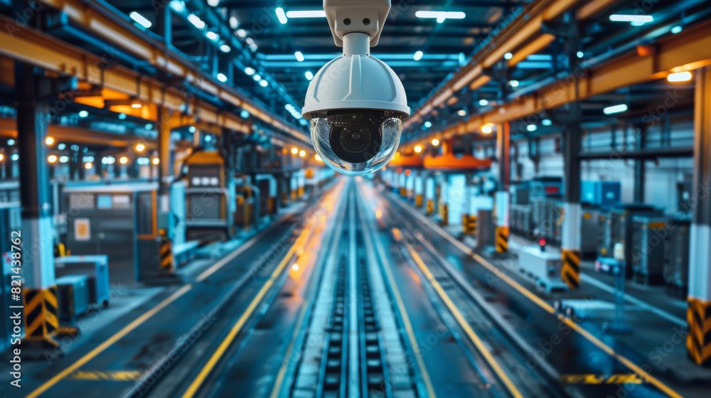 Fototapeta premium Close-up of a security camera in an industrial facility, monitoring the production area for safety and security purposes.