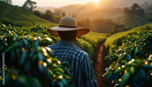 portrait of a farmer with hat at coffee field, sunrise moment
 photo