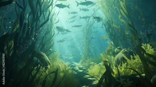A dynamic underwater scene with fish darting among kelp fronds  adding a sense of movement and life to the marine environment.