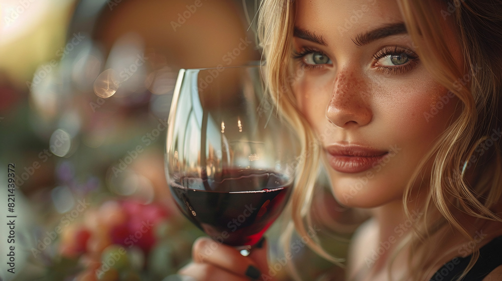 close-up of caucasian female sommelier holding glass cup of red wine, tasting, vineyards