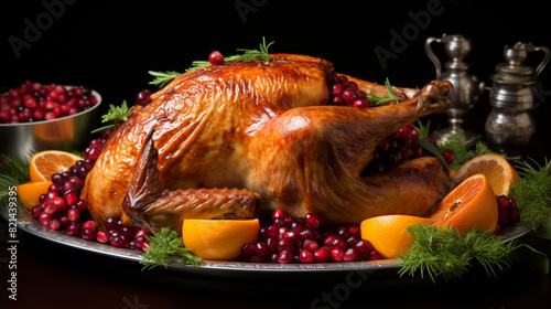 A festive holiday roast turkey, golden brown and garnished with fresh herbs and cranberries.
