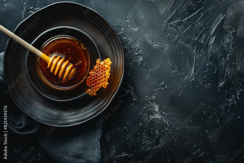 Fototapeta premium Higos negros y una cuchara con mermelada de higos en un plato negro sobre fondo oscuro. Vista superior