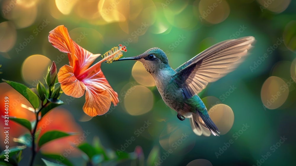 Naklejka premium Nature's Ballet, Behold the Delicate Dance of a Vibrant Hummingbird, Wings in a Blur Beside a Bright Red Hibiscus, Surrounded by the Soft Glow of Bokeh-Lit Greenery - an Enchanting Moment of Beauty 