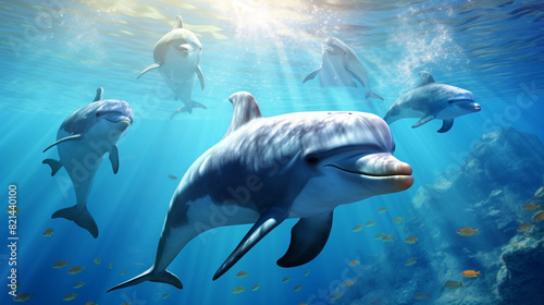 A group of playful dolphins frolicking in crystal-clear turquoise waters  creating splashes of joy.