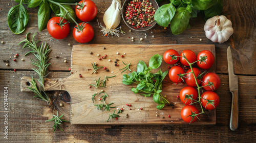 Fresh tomatoes and herbs arranged on a wooden cutting board  ready for meal preparation in a rustic kitchen setting.