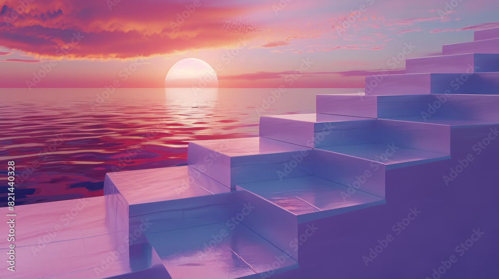 Fototapeta premium A painting depicting a vibrant sunset casting warm hues over the calm ocean waters, with the sun dipping below the horizon