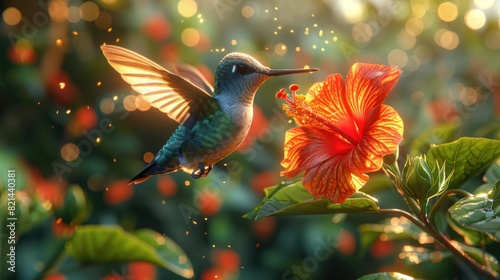  Serenade of Nature  Hummingbird  Wings a Blur Beside Red Hibiscus  Soft Bokeh of Lush Garden - Harmonious Fusion of Vibrant Life and Tranquil Surroundings. 