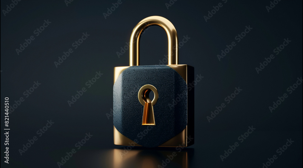 Fototapeta premium Black and gold secure padlock, password security, identification by safe technology for privacy and confidential data network