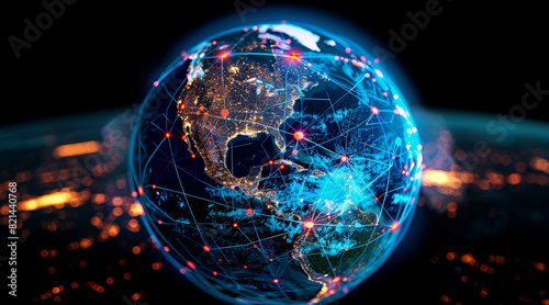 Digital world globe centered on America, concept of global network and connectivity on Earth, data transfer and cyber technology, information exchange and international telecommunication photo