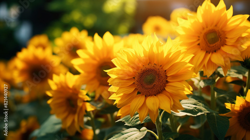 Sunflowers swaying gently in the breeze  their vibrant yellow petals contrasting with the lush greenery around them.