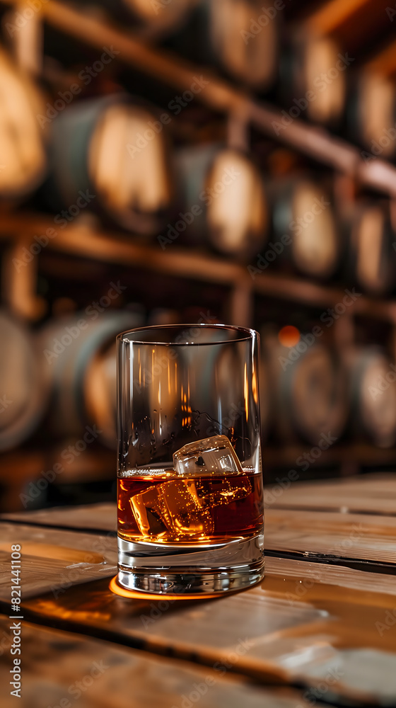 Un verre de whisky avec des glaçons sur une table en bois avec des tonneaux en arrière-plan. Un verre de whisky avec des glaçons sur une table en bois avec des tonneaux en arrière-plan.