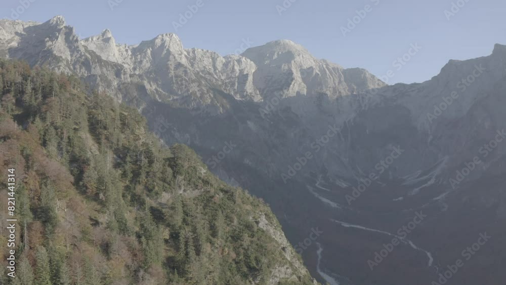 Aerial View of Almtal at Almsee in Autumn, Scenic Lake with Fall Foliage in Austria, D-Log Aerial View of Almtal at Almsee in Autumn, Scenic Lake with Fall Foliage in Austria, D-Log