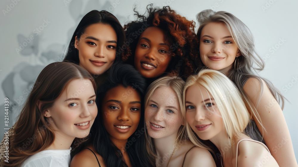 Close-up of multiethnic women of different ages with glowing skin, confidently smiling and looking happy.
Close-up of multiethnic women of different ages with glowing skin, confidently smiling and looking happy.