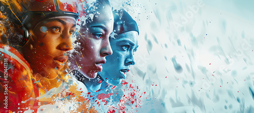 Side profile portraits of three female athletes with colorful splashes emphasizing focus and diversity photo