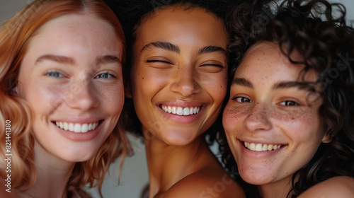 Close-up of multiethnic women of different ages with glowing skin, confidently smiling and looking happy. 