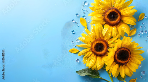 Three vibrant sunflowers  adorned with dewdrops  rest on a serene blue backdrop. Their golden petals radiate warmth and joy  evoking the essence of summer