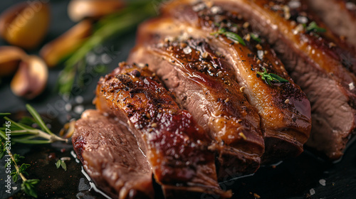 Roast leg of lamb, thickly sliced