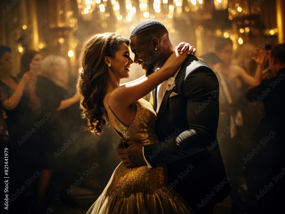 Couple in love dancing at a gala. The woman wears a golden dress while her lover, a black man, an elegant suit. They smile, hold tight, & look into each other’s eyes, surrounded by glamorous people. Couple in love dancing at a gala. The woman wears a golden dress while her lover, a black man, an elegant suit. They smile, hold tight, & look into each other’s eyes, surrounded by glamorous people.