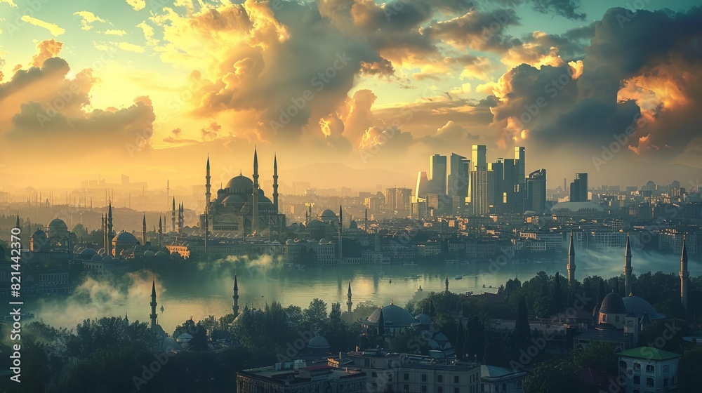 Fototapeta premium A panoramic view of a city skyline dominated by onion domes
