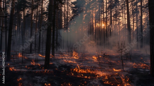 Fire in the forest, burning trees and shrubs near tall pine trunks. The smoke from flames rises into the air, creating an atmosphere of tension. In spring
