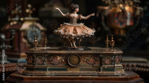 A mechanical music box with a rotating ballerina and a tinkling tune