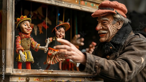 A puppeteer skillfully manipulating a marionette on a small stage photo