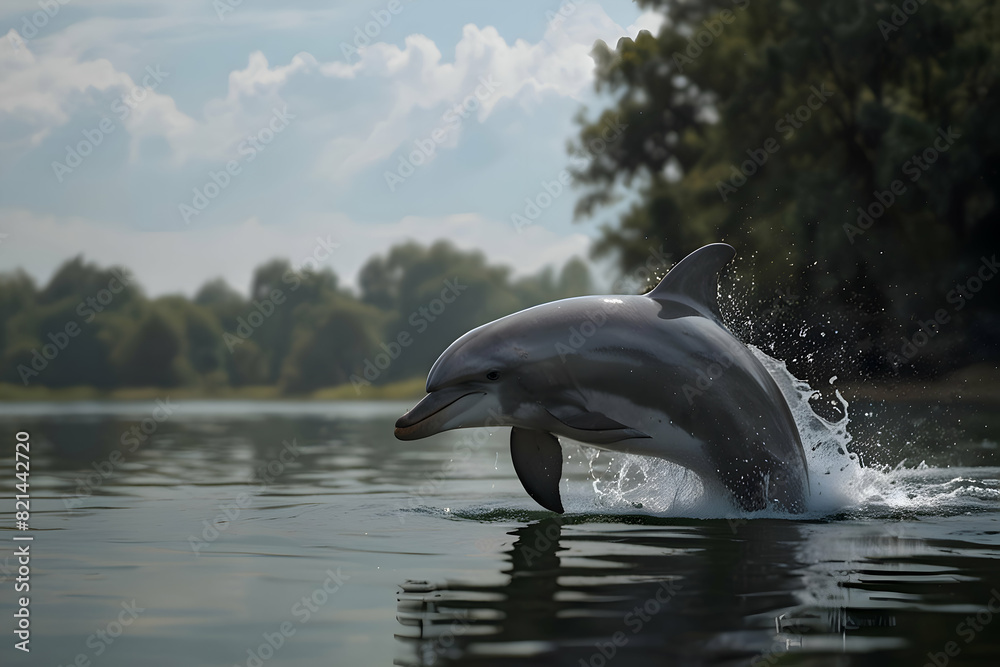 Obraz premium A dolphin gracefully leaping out of a calm lake, creating ripples on the water's surface ,dolphin jumping out of water,High illustration, 8k image 