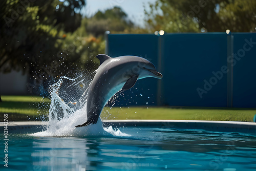 A dolphin joyfully leaping out of a clear, blue swimming pool in a park, with water splashing around, High illustration 