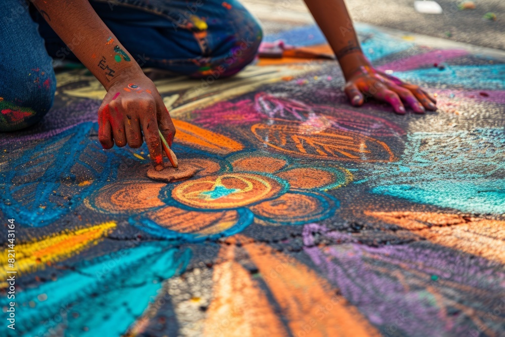Close-up of street artist's hands drawing vibrant chalk art on pavement, featuring bright summer colors and intricate designs Close-up of street artist's hands drawing vibrant chalk art on pavement, featuring bright summer colors and intricate designs