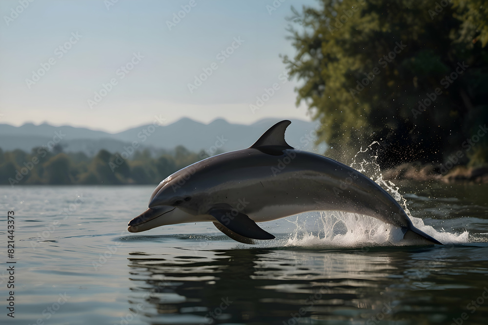 Fototapeta premium A dolphin gracefully leaping out of a calm lake, creating ripples on the water's surface, Highly Details, upscaled image, 8k 
