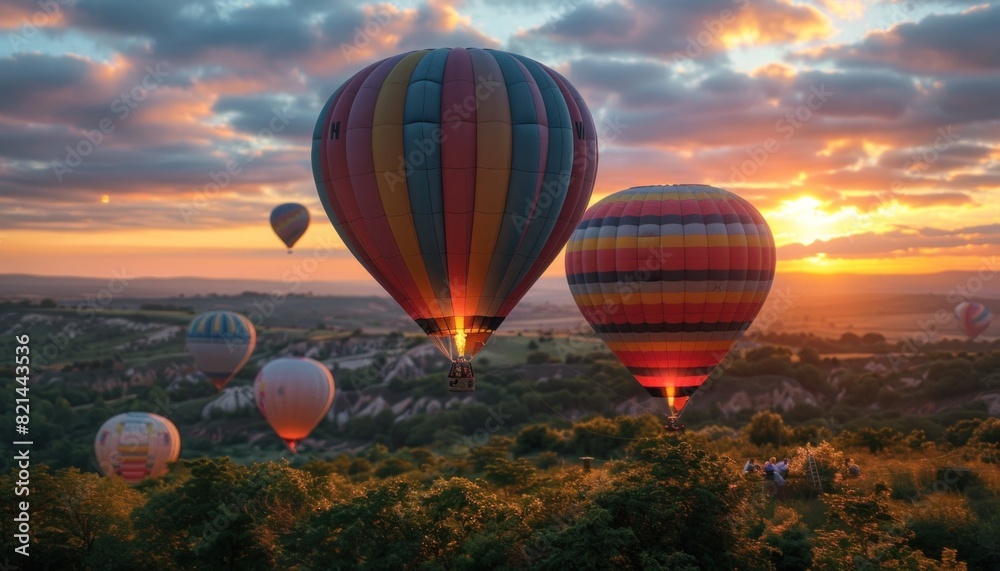 Obraz premium Hot air balloons drifting above forest during sunset
