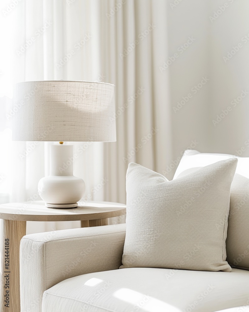 White contemporary interior corner with sofa side table and lamp Light and airy summer photography for social media faceless digital content marketing