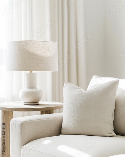 Obraz na płótnie White contemporary interior corner with sofa side table and lamp Light and airy summer photography for social media faceless digital content marketing w salonie
