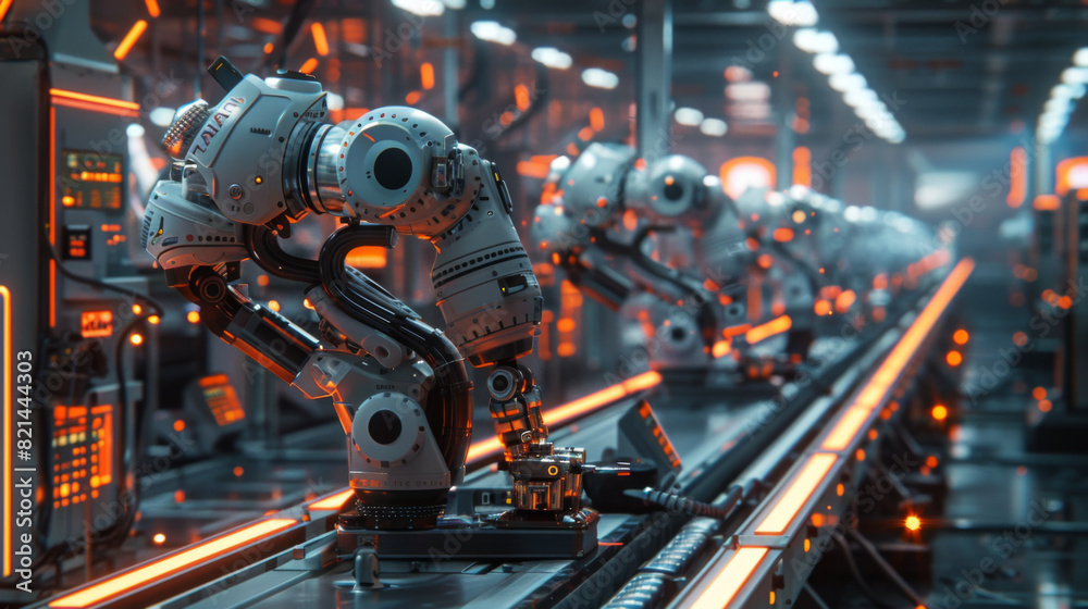 Fototapeta premium A row of advanced robotic arms assembling components in a high-tech, automated manufacturing factory illuminated with neon lights.