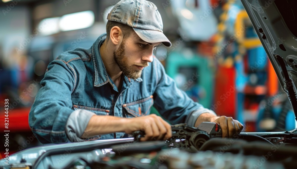 A man in a baseball cap is fixing the engine of a car in a garage A man in a baseball cap is fixing the engine of a car in a garage
