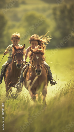 Two children are riding horses in an open, grassy field. The children, a boy and a girl, are full of excitement as they gallop through the tall grass.