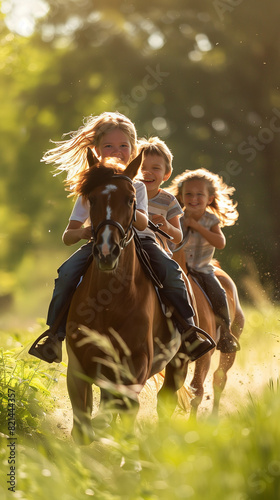 Three children, two girls and a boy, are riding horses in a sunlit field. 