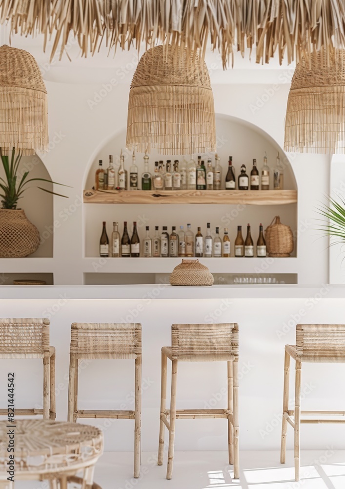 Boho chic hotel bar, ibiza, tulum and bali aesthetic Light and airy summer photography for social media faceless digital content marketing