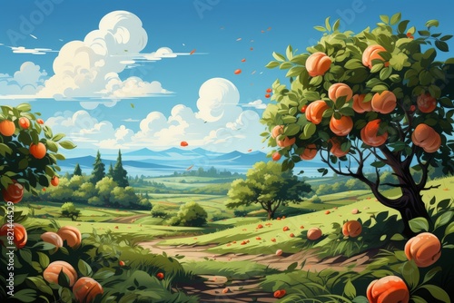 Lush, vibrant orchard landscape featuring ripe peach trees against a backdrop of rolling hills and a bright blue sky with fluffy clouds.