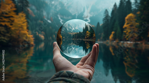 Crystal clear reflections, mountain lake magic. Serene scene of a mountain lake , beautifully reflected through a clear crystal ball held by a hand.