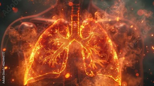 D Rendered Xray of Lungs in Fiery Smoke Theme on High Technology Background photo