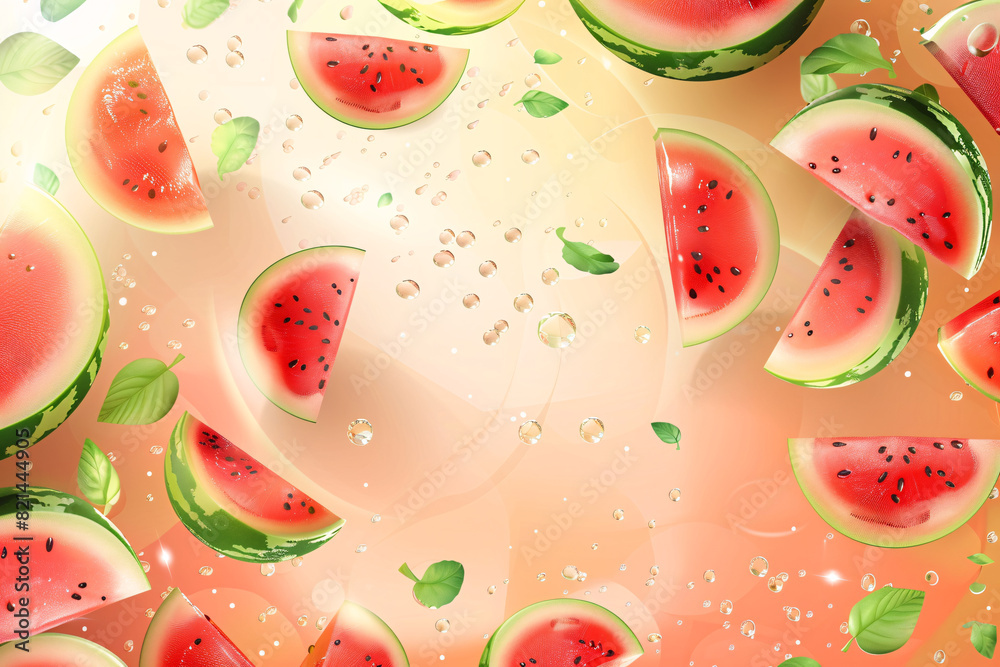 depiction of floating watermelon slices with bokeh and leaves depiction of floating watermelon slices with bokeh and leaves