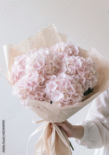 Pastel pink hydrangea flowers in a beige wrapping paper help by a woman in white blouse. Light and airy summer photography for social media faceless digital content marketing