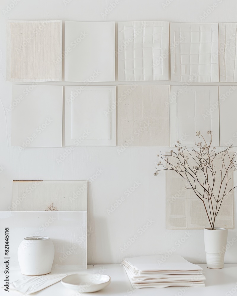 Fototapeta premium Blank pieces of paper on a wall in an office, Light and airy summer photography for social media faceless digital content marketing