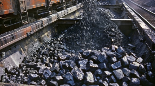 A closeup of a railway hopper being filled with coal from a trucks bed.