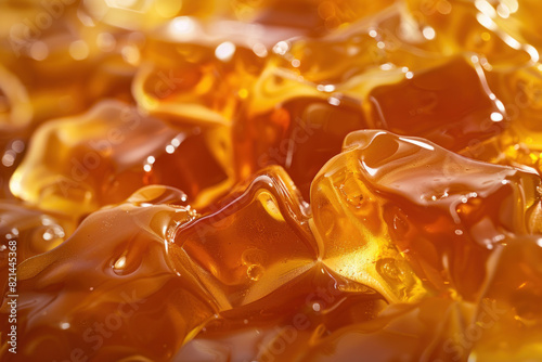  Close-up view of rich, flowing caramel, highlighting its glossy, smooth texture and tempting golden hue.