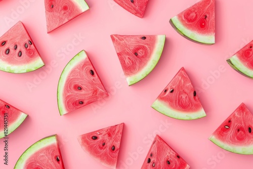 Pattern with ripe watermelon on pink background. Top View. Copy Space. Pop art design, creative summer concept. Half of watermelon in minimal flat lay style