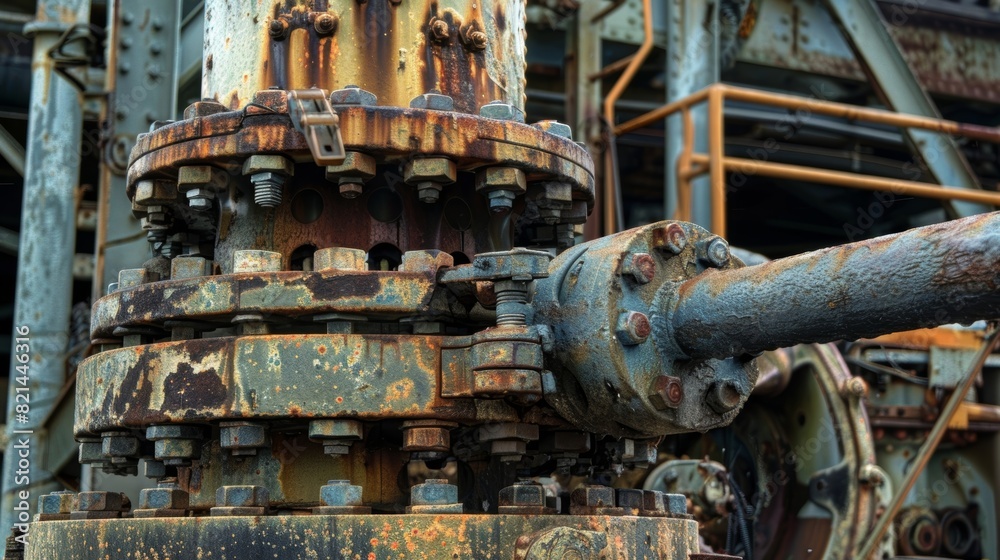 The onceactive machinery of an oil well now stands still its cap tightly secured. The onceactive machinery of an oil well now stands still its cap tightly secured.